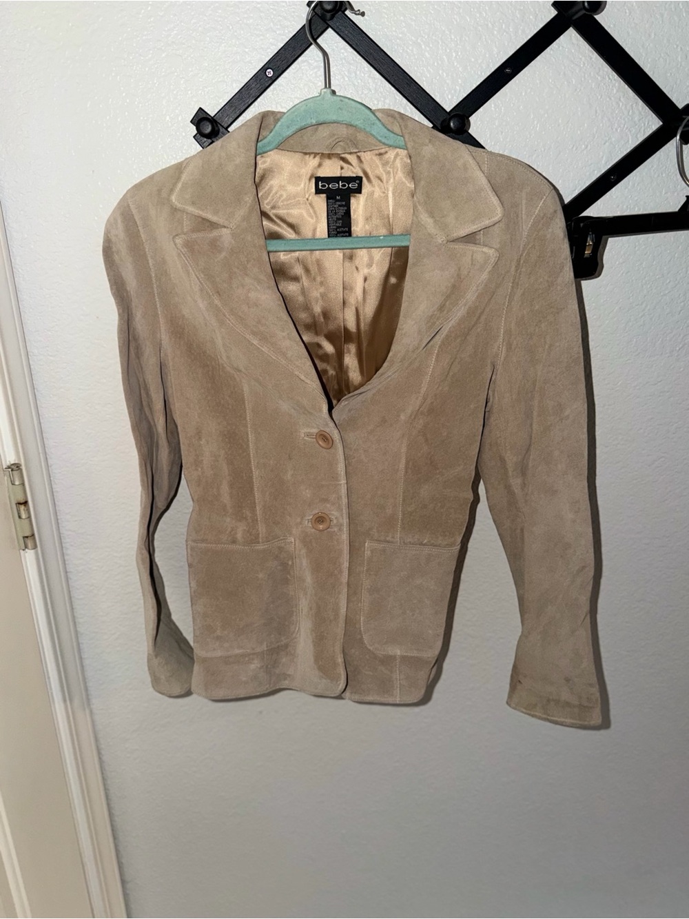 Bebe Genuine Suede Leather Blazer Jacket Tan Beige Tailored Button Front Medium - Picture 2 of 4